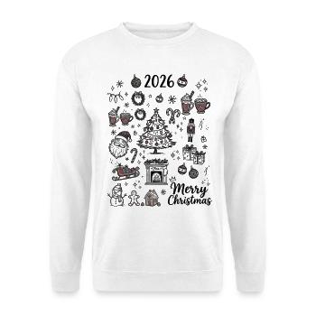 Weihnachten 2026 Doodle Weihnachtsbaum Kakao Deko - Unisex Pullover - Weiß - Vorne - Alina (178cm) & Michal (187cm)