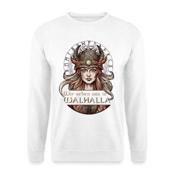Wir sehen uns in Walhalla Walküre Wikingerin - Unisex Pullover - Weiß - Vorne - Alina (178cm) & Michal (187cm)