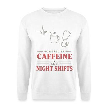 Kaffee und Nachtschicht Motiv - Unisex Pullover - Weiß - Vorne - Alina (178cm) & Michal (187cm)