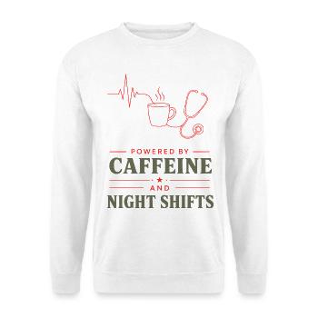 KaffeeKraft Nachtschicht - Unisex Pullover - Weiß - Vorne - Alina (178cm) & Michal (187cm)