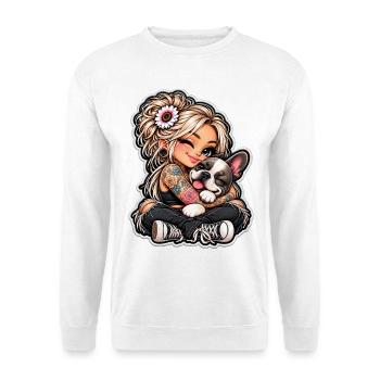 TattooMädchen kuschelt Bulldog - Unisex Pullover - Weiß - Vorne - Alina (178cm) & Michal (187cm)