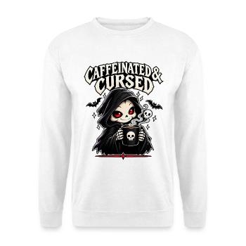 Koffeinhaltig und Verflucht – Lustiger Reaper-Kaffee - Unisex Pullover - Weiß - Vorne - Alina (178cm) & Michal (187cm)