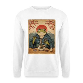 Frosch im Kimono-Nudel-Sonnenuntergang - Unisex Pullover - Weiß - Vorne - Alina (178cm) & Michal (187cm)