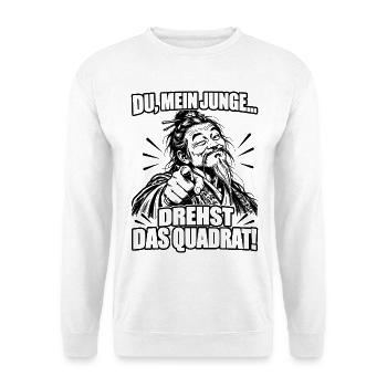 Lustiger Spruch Du, mein Junge drehst das Quadrat - Unisex Pullover - Weiß - Vorne - Alina (178cm) & Michal (187cm)