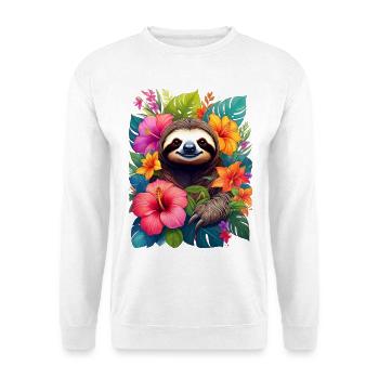 Faultier zwischen exotischen Blumen im Dschungel - Unisex Pullover - Weiß - Vorne