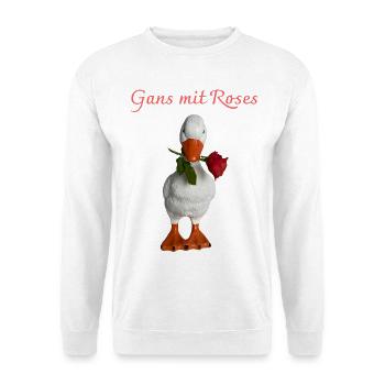 Gans mit Rose  - Unisex Pullover - Weiß - Vorne - Alina (178cm) & Michal (187cm)
