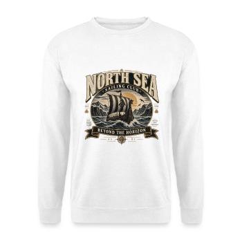 NORTH SEA SAILING CLUB – Beyond the Horizon - Unisex Pullover - Weiß - Vorne - Alina (178cm) & Michal (187cm)
