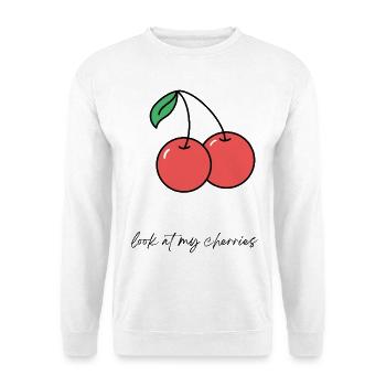 Look at My Cherries – Freches Kirschenmotiv - Unisex Pullover - Weiß - Vorne - Alina (178cm) & Michal (187cm)