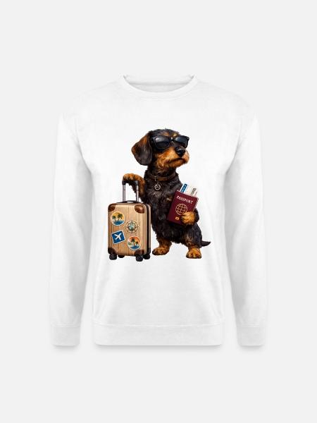 Dackel Motiv Urlaub – Lustiger Hund mit Koffer und - Unisex Pullover - Weiß
