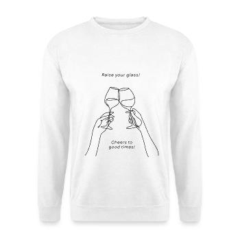 Anstoßende Weingläser – Filigrane Linienkunst - Unisex Pullover - Weiß - Vorne - Alina (178cm) & Michal (187cm)