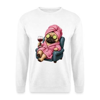 Spa-Pug im Pinken Bademantel - Unisex Pullover - Weiß - Vorne - Alina (178cm) & Michal (187cm)