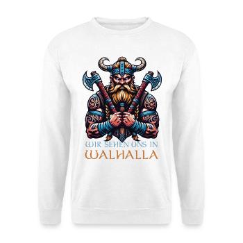 Wir sehen uns in Walhalla! Wikinger Äxte - Unisex Pullover - Weiß - Vorne - Alina (178cm) & Michal (187cm)