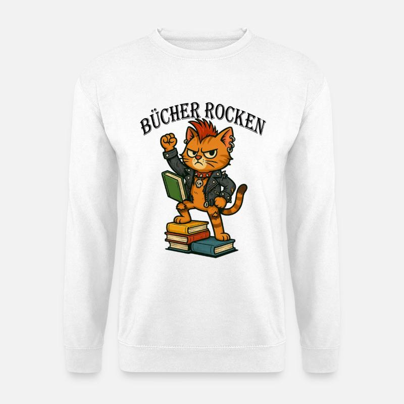 Punk-Katze: Bücher rocken! - Unisex Pullover - Weiß