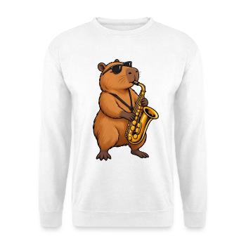 Cooles Capybara mit Saxophon - Unisex Pullover - Weiß - Vorne - Alina (178cm) & Michal (187cm)