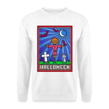 Halloween-Szene Buntglaskunst - Unisex Pullover - Weiß - Vorne - Alina (178cm) & Michal (187cm)