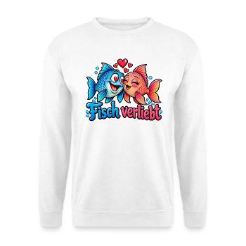 Fisch verliebt – Lustiges Fisch Liebespaar - Unisex Pullover - Weiß - Vorne - Alina (178cm) & Michal (187cm)