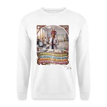 Heuschrecke JOGUE Apothekerin in 4 Sprachen PopArt - Unisex Pullover - Weiß - Vorne - Alina (178cm) & Michal (187cm)