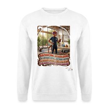 Heuschrecke JOGUE Personal Trainer in 4 Sprachen - Unisex Pullover - Weiß - Vorne - Alina (178cm) & Michal (187cm)