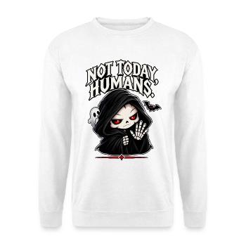 Nicht heute, Menschen – Mürrischer süßer Sensenmann - Unisex Pullover - Weiß - Vorne - Alina (178cm) & Michal (187cm)