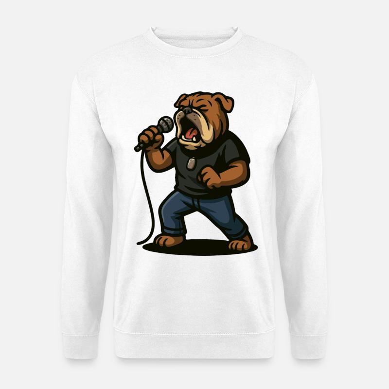 Rocksängerin Bulldogge mit Mikrofonkunst - Unisex Pullover - Weiß