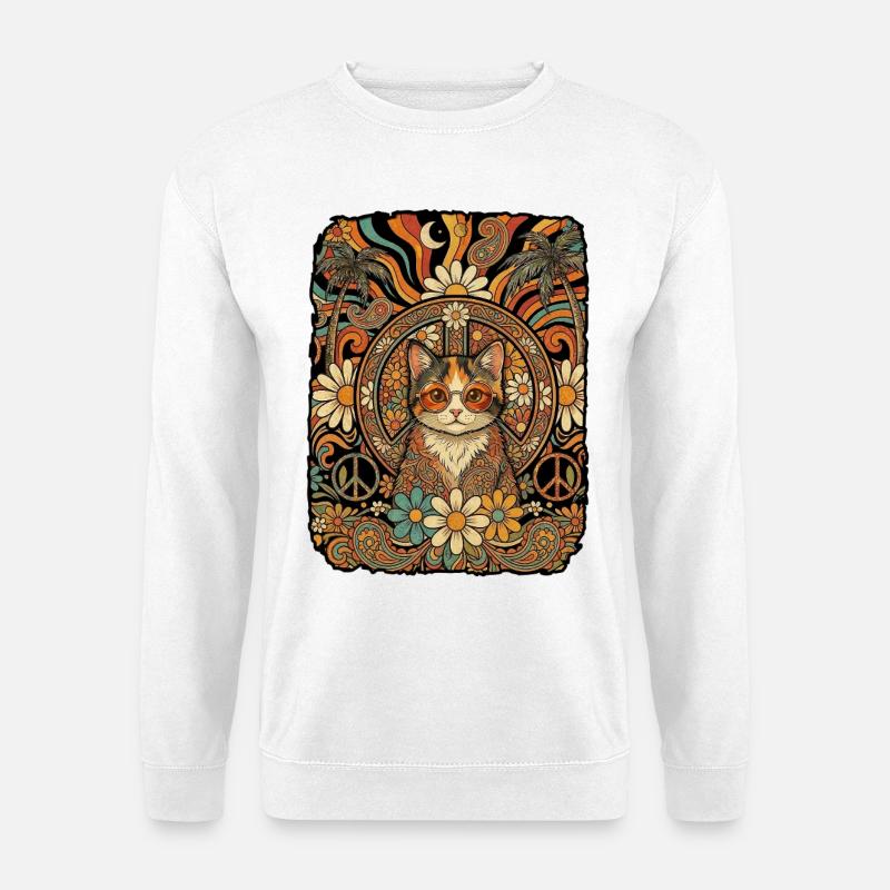 Hippie Katze 60er Love Peace - Unisex Pullover - Weiß