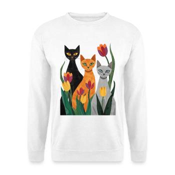 Drei stilisierte Katzen: schwarz, grau, orange - Unisex Pullover - Weiß - Vorne
