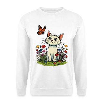 Chat blanc avec papillon sur la prairie fleurie - Sweat-shirt Unisexe - blanc - Devant