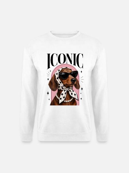 Dackel mit Sonnenbrille, Kopftuch & Perlenkette - Unisex Pullover - Weiß