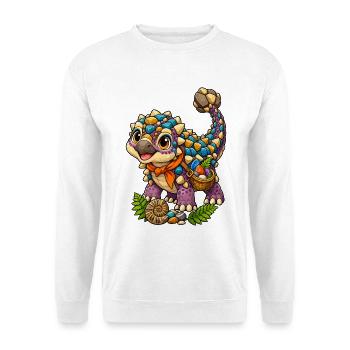 Farbstein-Dino mit Korb und Schal - Unisex Pullover - Weiß - Vorne - Alina (178cm) & Michal (187cm)