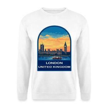 London UK Reiseabzeichen Westminster Big Ben Sonnenuntergang - Unisex Pullover - Weiß - Vorne - Alina (178cm) & Michal (187cm)