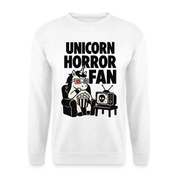 Unicorn Horror Fan – Einhorn beim Filmabend - Unisex Pullover - Weiß - Vorne - Alina (178cm) & Michal (187cm)