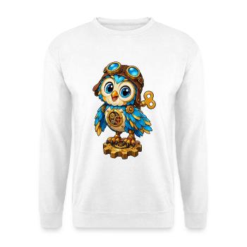 Steampunk-Eule mit Zahnrädern - Unisex Pullover - Weiß - Vorne - Alina (178cm) & Michal (187cm)