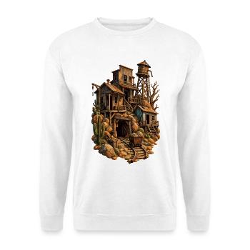 Wüsten-Holzstadt am Gleis - Unisex Pullover - Weiß - Vorne - Alina (178cm) & Michal (187cm)