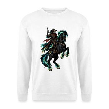Skelett-Reiter im Flammenross - Unisex Pullover - Weiß - Vorne - Alina (178cm) & Michal (187cm)