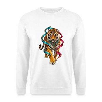 Tiger mit bunten Bändern Ornament - Unisex Pullover - Weiß - Vorne - Alina (178cm) & Michal (187cm)