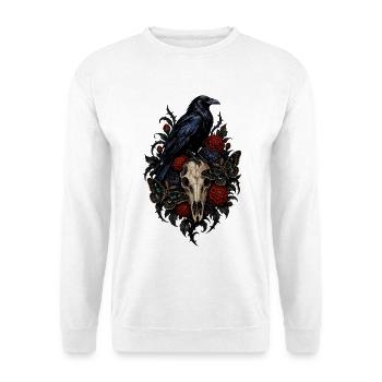 Rabe mit Schädel und Nachtblumen - Unisex Pullover - Weiß - Vorne - Alina (178cm) & Michal (187cm)