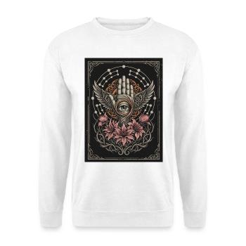 Geflügelte Hand mit zentralem Auge und Blumen - Unisex Pullover - Weiß - Vorne - Alina (178cm) & Michal (187cm)