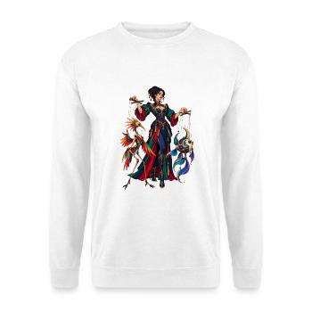 Puppenspielerin mit fantasievollen Marionetten - Unisex Pullover - Weiß - Vorne - Alina (178cm) & Michal (187cm)
