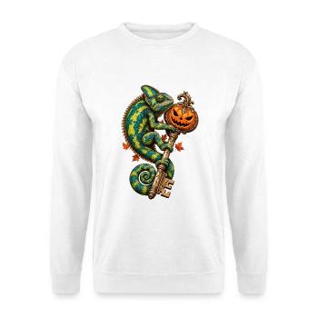 Kameleon mit Kürbis-Schloss - Unisex Pullover - Weiß - Vorne - Alina (178cm) & Michal (187cm)