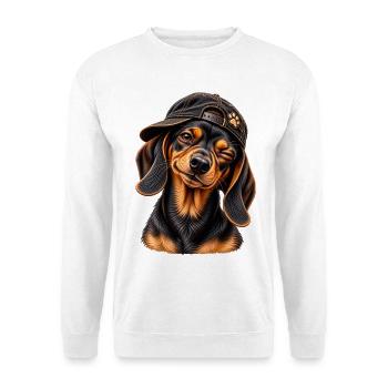 Frecher Dackel – Kleiner Charmeur - Unisex Pullover - Weiß - Vorne - Alina (178cm) & Michal (187cm)