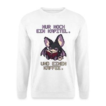 Lesende Fledermaus mit Kaffee Pixel Art - Unisex Pullover - Weiß - Vorne - Alina (178cm) & Michal (187cm)