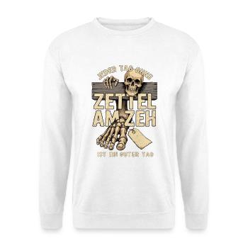 Zettel am Zeh Totenkopf Motiv - Unisex Pullover - Weiß - Vorne - Alina (178cm) & Michal (187cm)