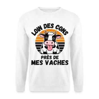 Loin Des Cons Près De Mes Vaches Humour Vintage - Sweat-shirt Unisexe - blanc - Devant