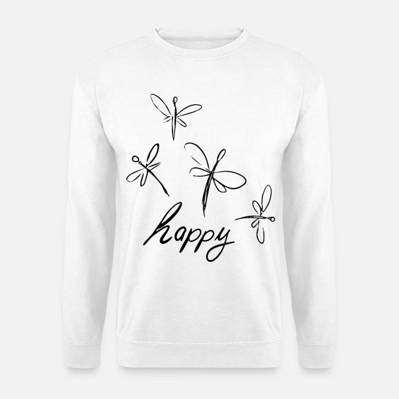 Libellen Zeichnung mit - happy - Schriftzug - Unisex Pullover - Weiß
