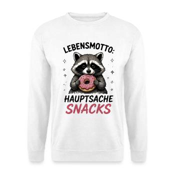 Lebensmotto Snacks Waschbär - Unisex Pullover - Weiß - Vorne - Alina (178cm) & Michal (187cm)