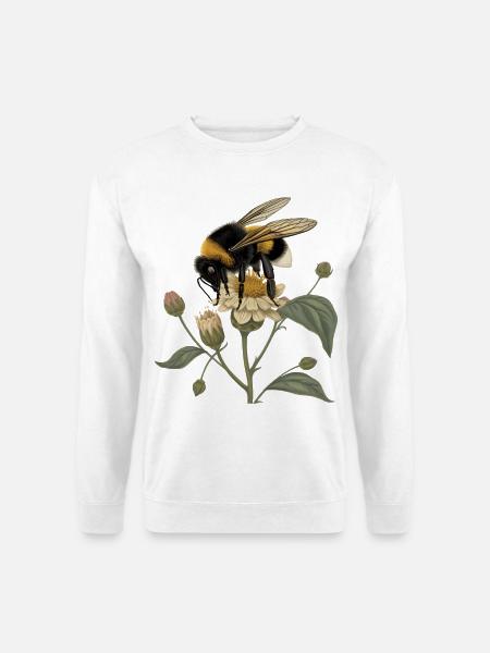 Hummel auf Blüte – Botanisches Vintage Motiv - Unisex Pullover - Weiß