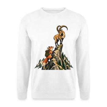 Steinbock und Fuchs beim Bergsteigen – Alpen - Unisex Pullover - Weiß - Vorne - Alina (178cm) & Michal (187cm)