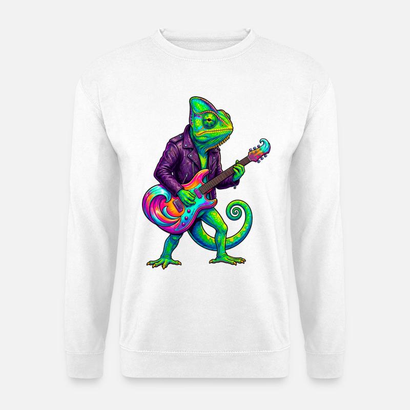 Chamäleon in Lederjacke und Neon E-Gitarre - Unisex Pullover - Weiß