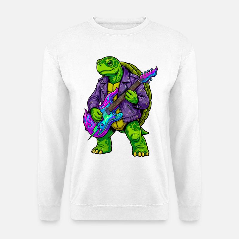 Schildkröte mit Jacke und Neon E-Gitarre - Unisex Pullover - Weiß