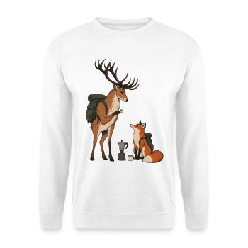 Hirsch & Fuchs – Kaffeepause beim Wandern - Unisex Pullover - Weiß - Vorne - Alina (178cm) & Michal (187cm)
